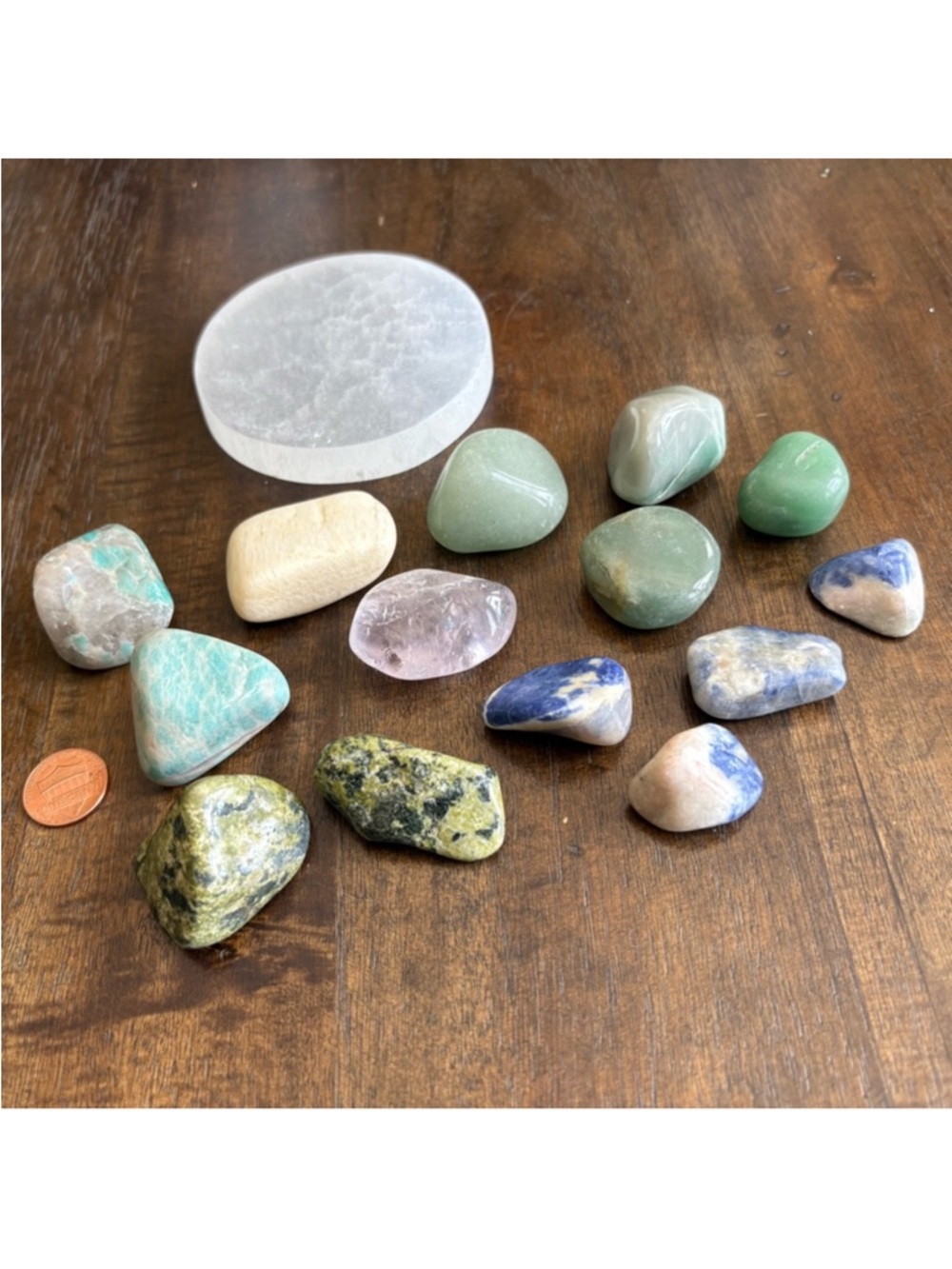 1.1 Pound Set - Selenite Round Charging Plate & 14 Large Crystal Tumbles